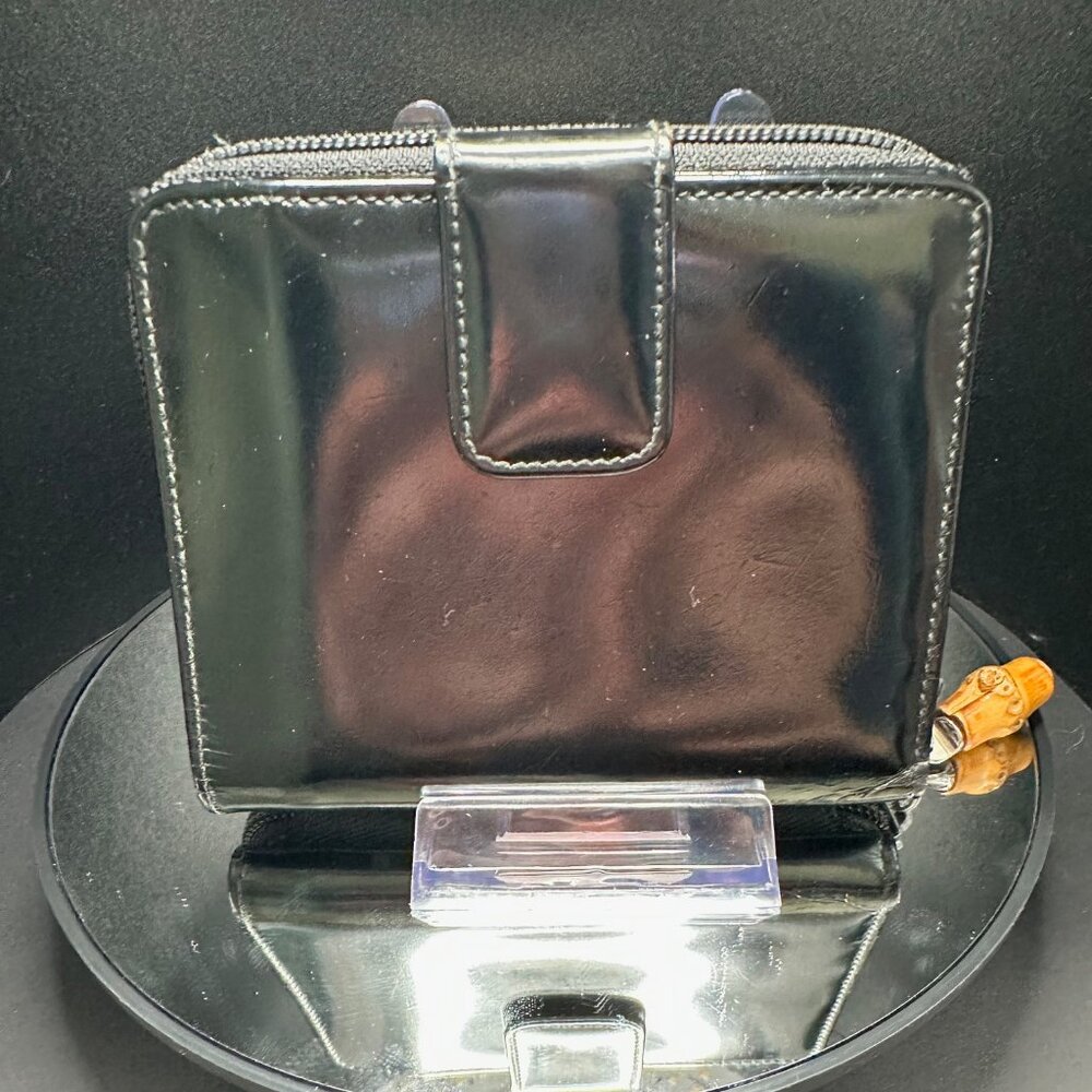 Gucci Black Patent Leather Bamboo Bifold Wallet